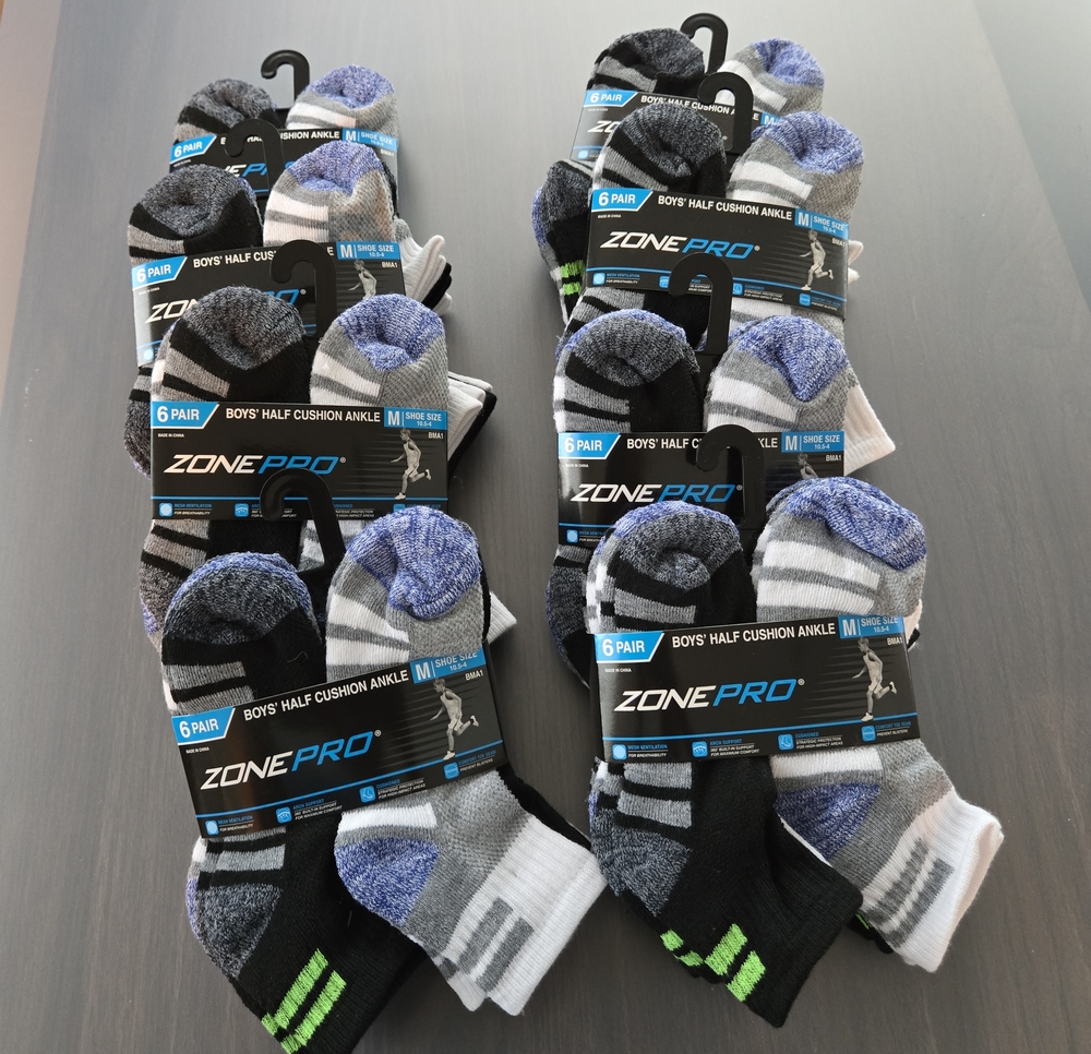 Zone Pro Boys Half‑Cushion Ankle Socks – Ten 6‑Packs, Size 10.5–4, NWT